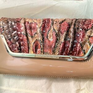 Elegant Red-Tone Snakeskin Accent Clutch - Women Bags